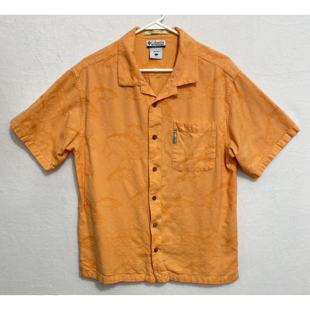 Columbia Fishing Shirt Men's Large Orange Short Sleeve Button Front Fish Pattern